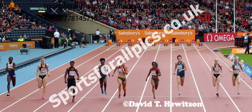 Dafne Scrippers wins the 100 metres B race at the Glasgow Diamond League. Photo: David T. Hewitson/Sports for All Pics